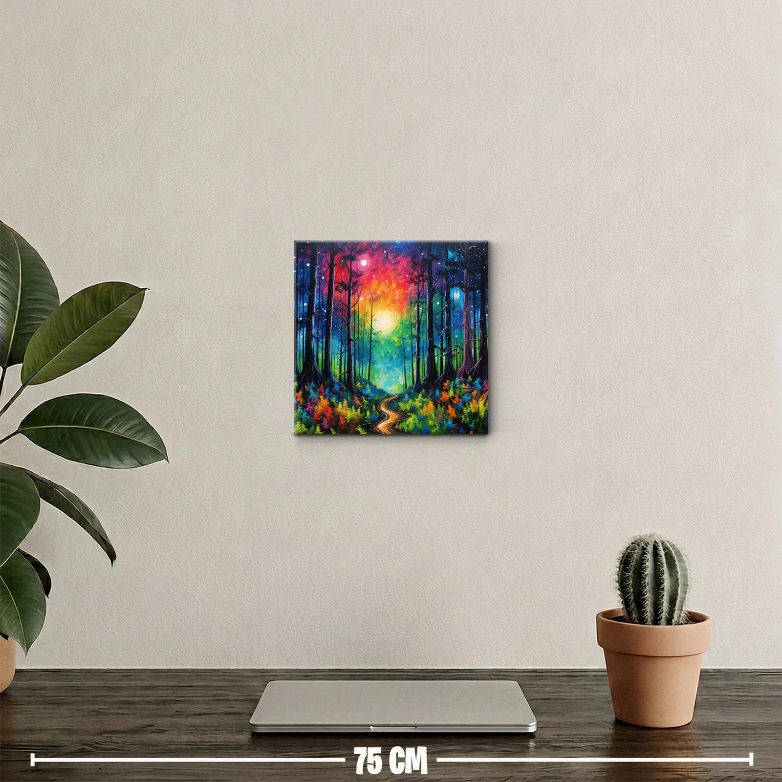 Paisaje forestal vibrante con cielo multicolor y camino luminoso — miniatura 2