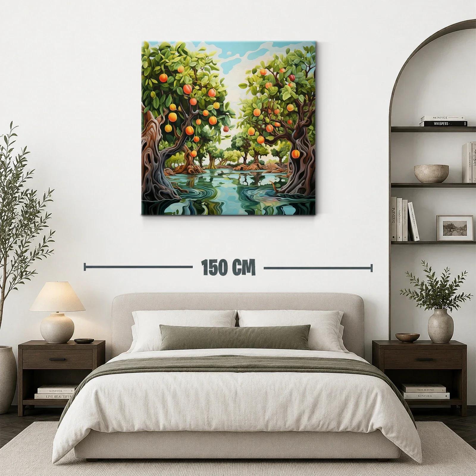 Cuadro de paisaje con árboles frutales y agua serena — miniatura 3