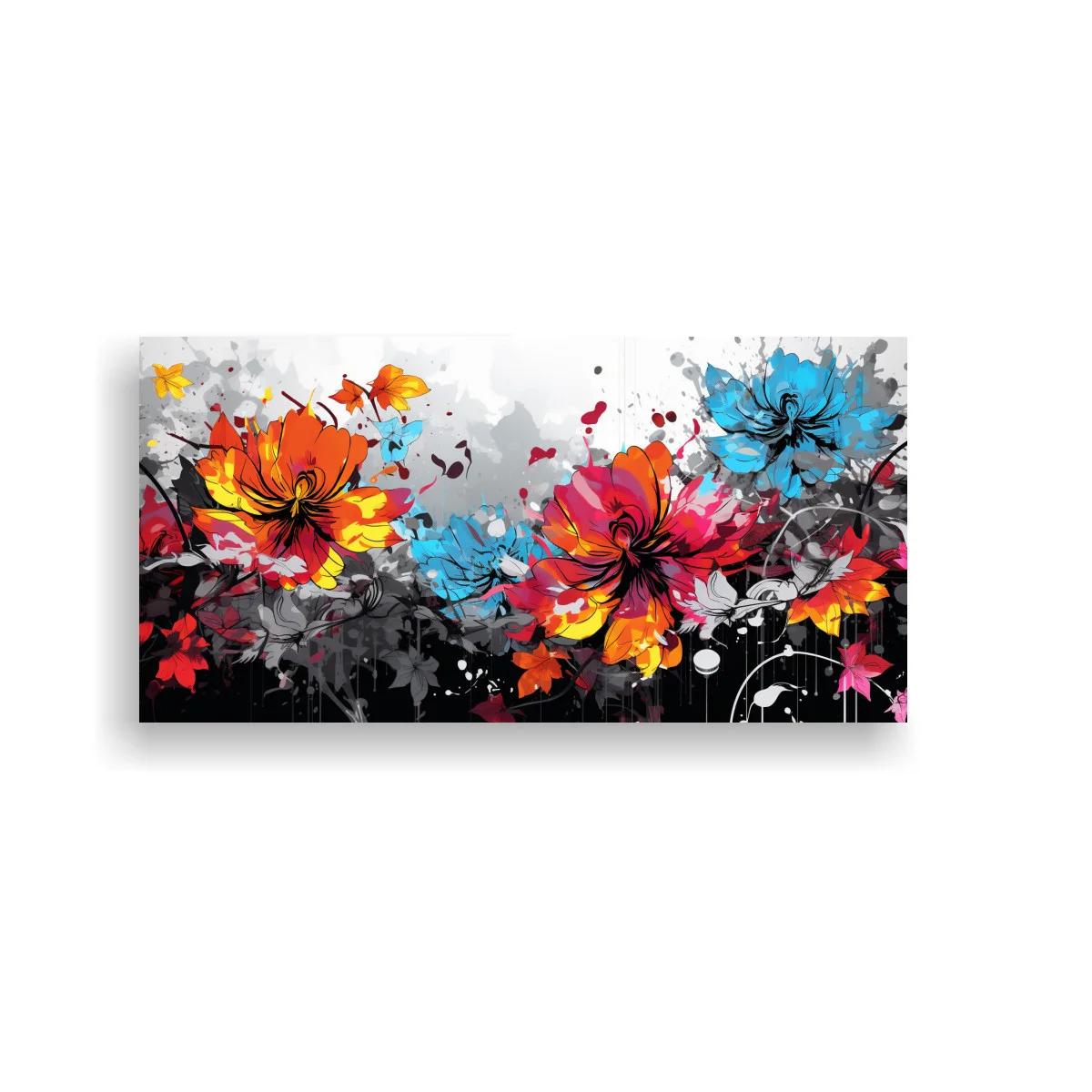 Cuadro flores expresivas multicolor con salpicaduras abstractas