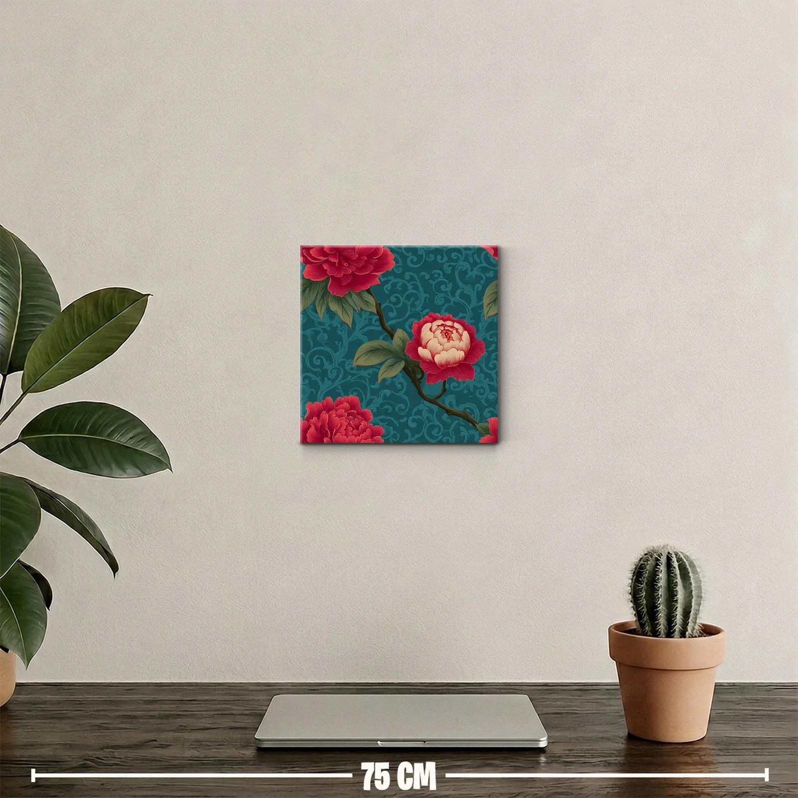 Cuadro floral con rosas rojas sobre fondo azul texturizado — miniatura 2
