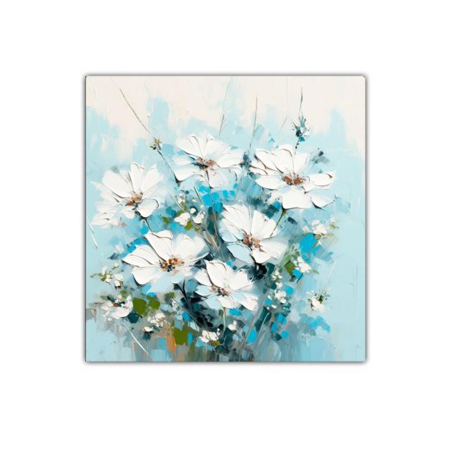 Cuadro decorativo con flores blancas y fondo azul suave