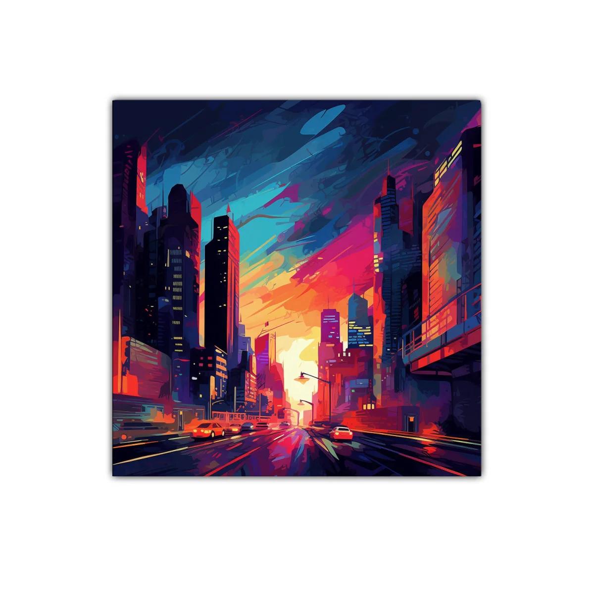 Atardecer vibrante en ciudad moderna con rascacielos coloridos — imagen principal