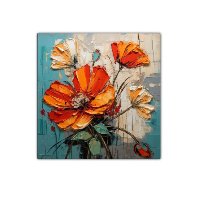 Cuadro floral con vibrantes tonos naranja y turquesa