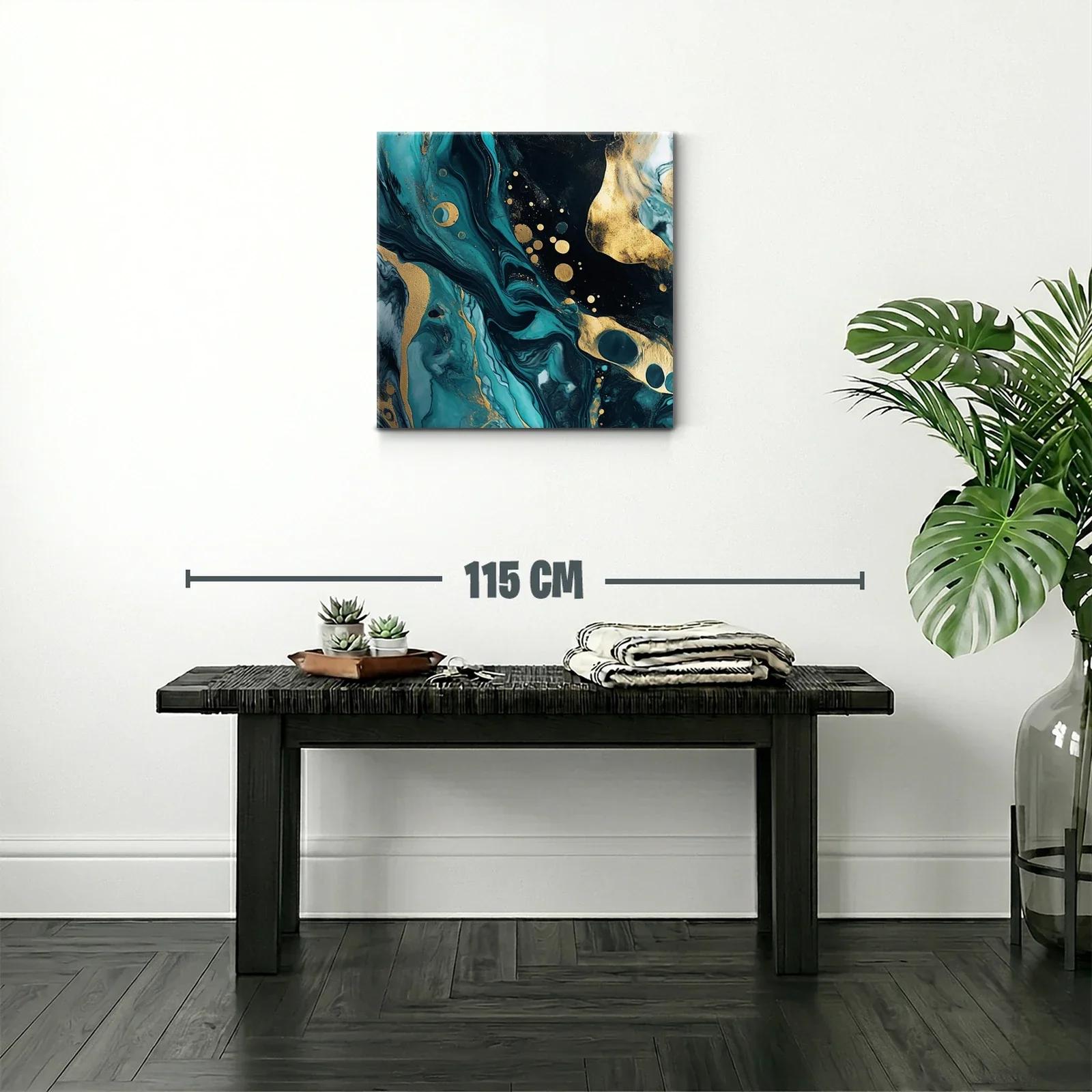 Cuadro abstracto con tonos turquesa y dorado vibrante — miniatura 2