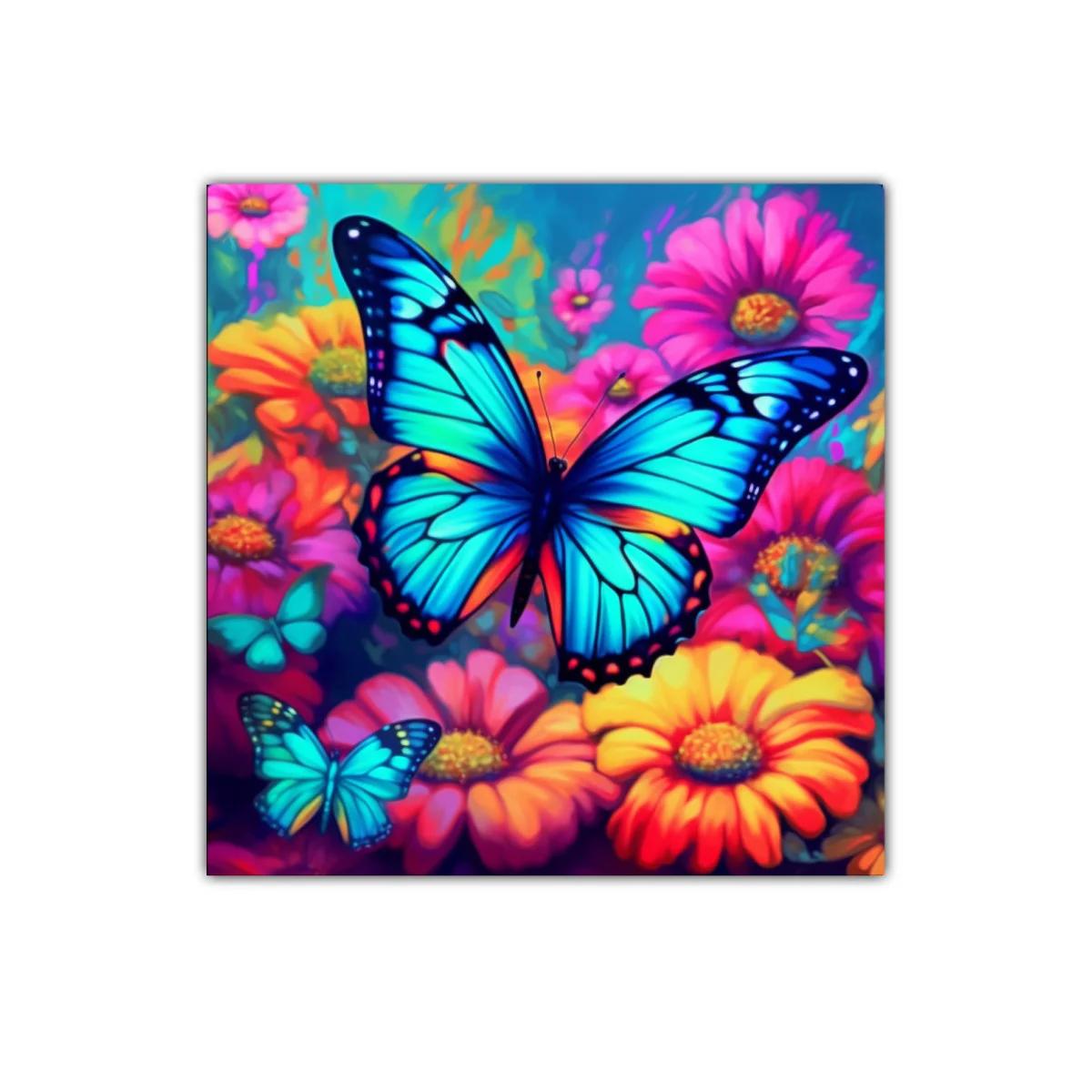 Mariposas azules vibrantes entre flores coloridas y radiantes — imagen principal