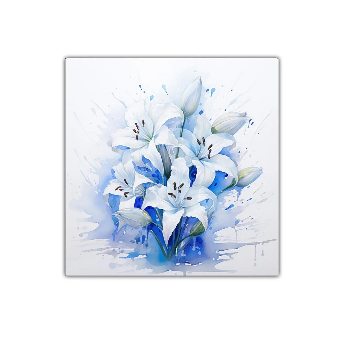 Cuadro floral con lirios blancos sobre fondo azul