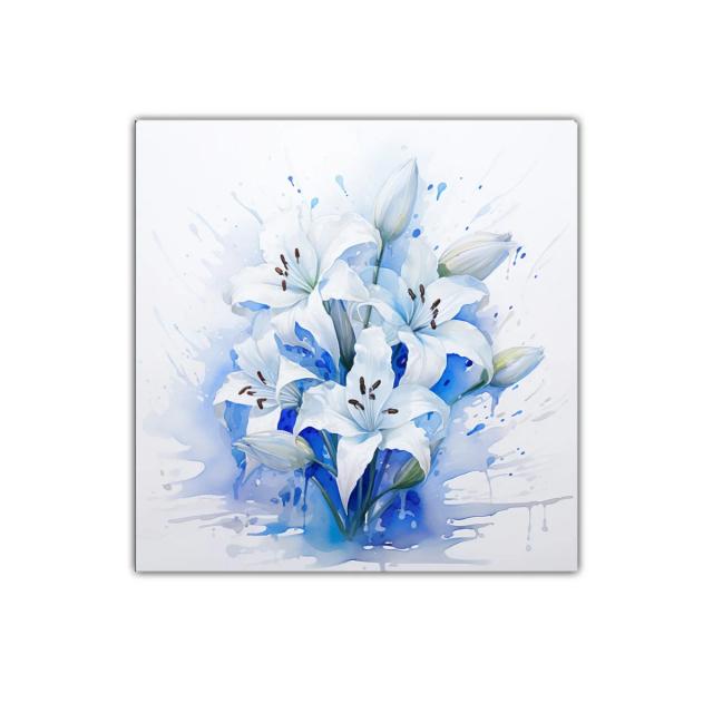 Cuadro floral con lirios blancos sobre fondo azul