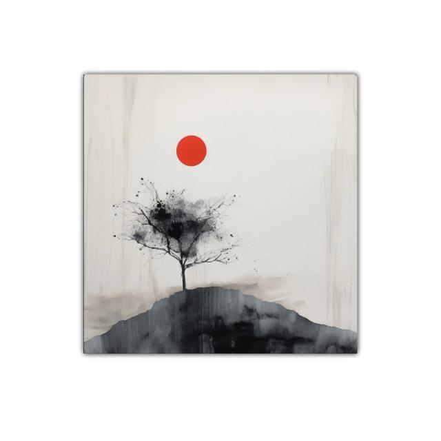 Árbol solitario sobre colina con sol rojo intenso