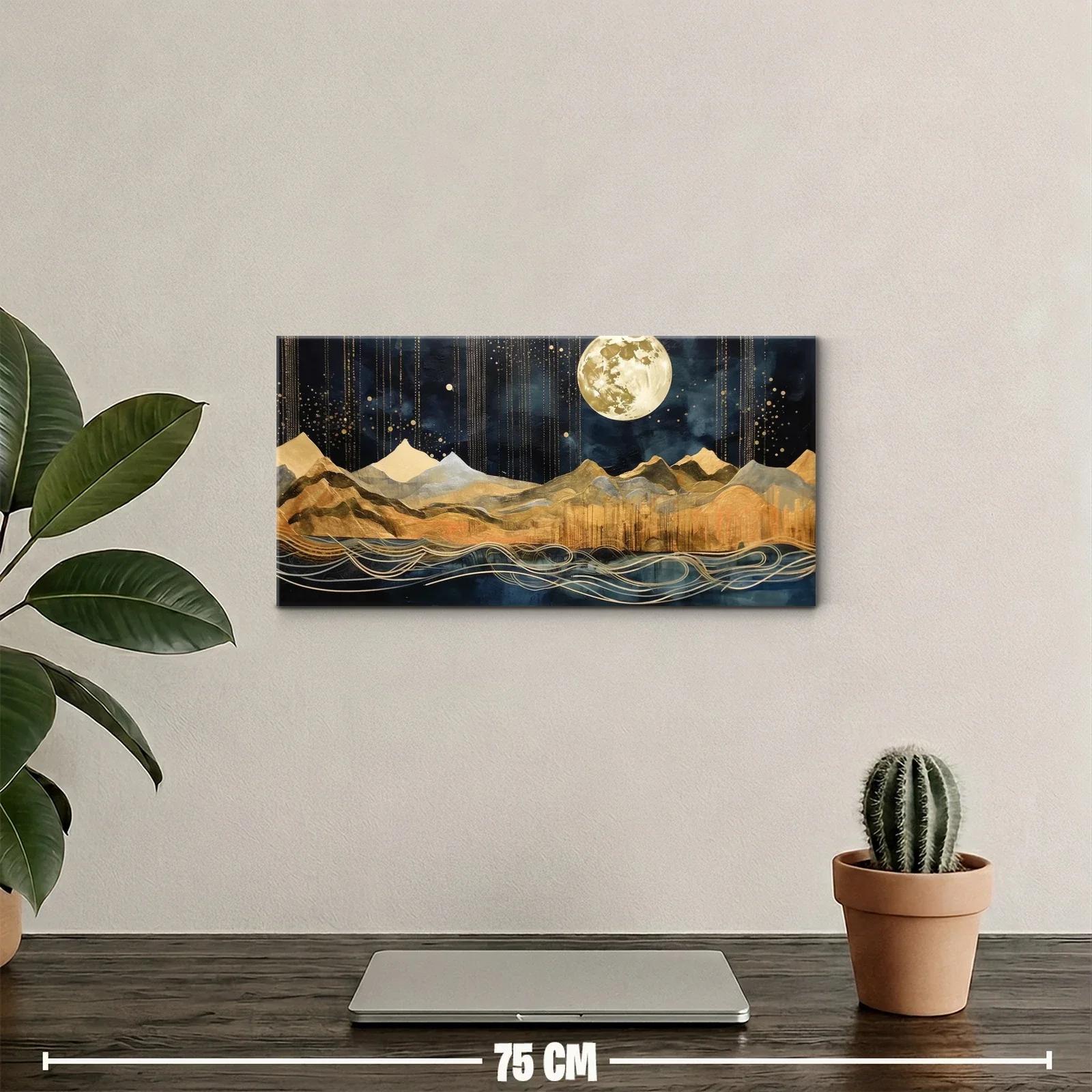 Cuadro paisaje montañoso con luna llena y líneas fluidas doradas — miniatura 2