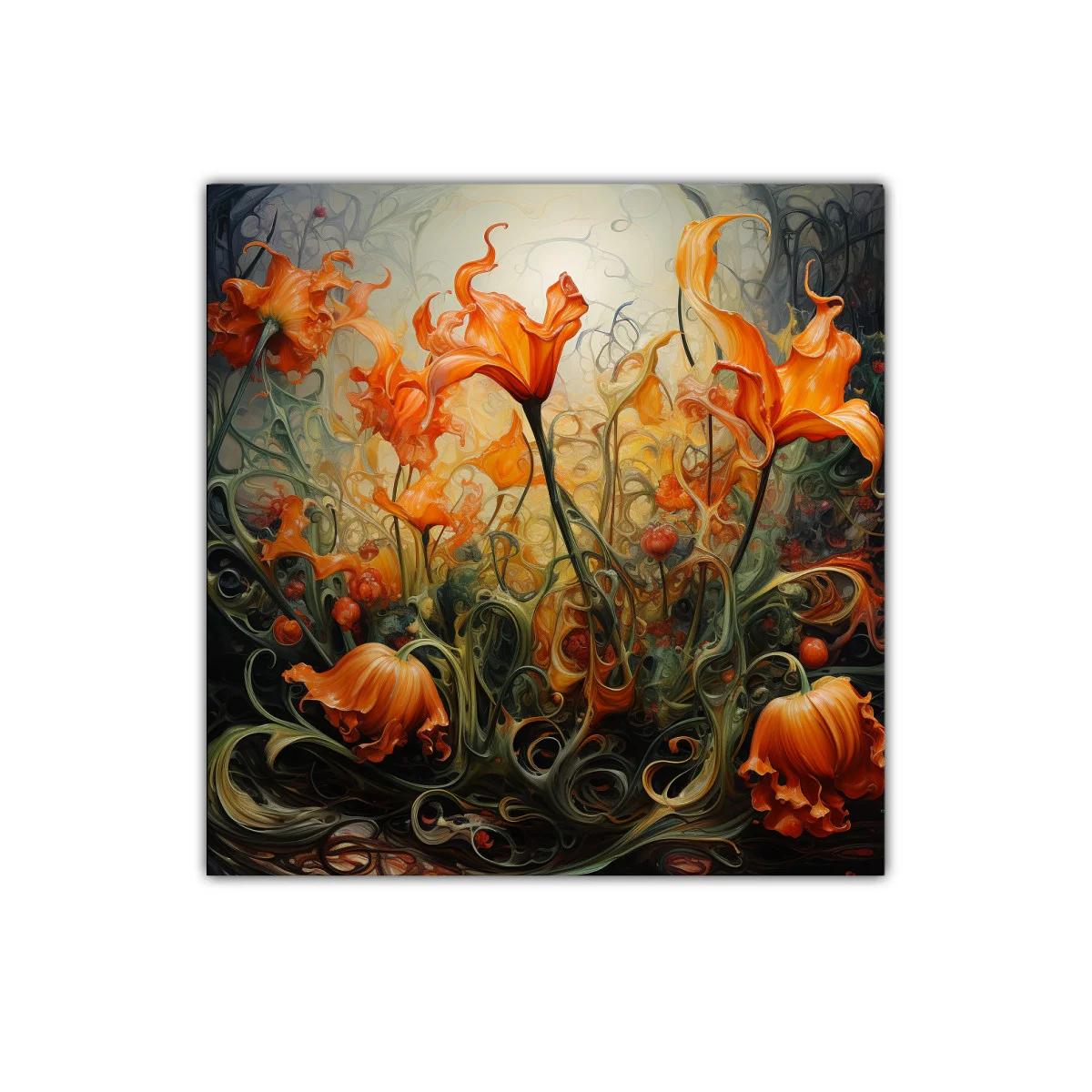 Cuadro decorativo con flores anaranjadas vibrantes y formas orgánicas