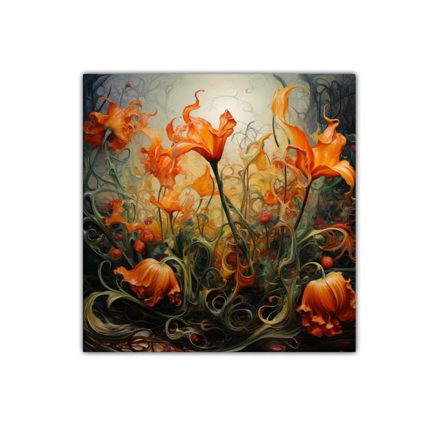 Cuadro decorativo con flores anaranjadas vibrantes y formas orgánicas
