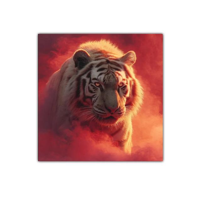 Tigre blanco entre niebla en tonos cálidos intensos