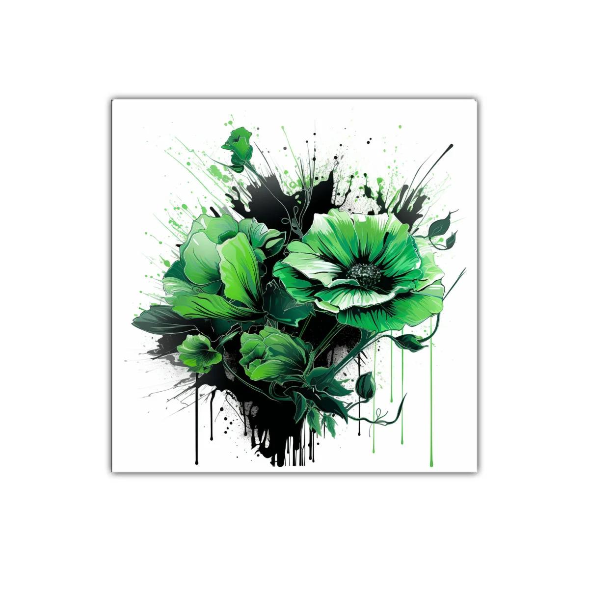 Cuadro decorativo con flores verdes vibrantes y toque abstracto