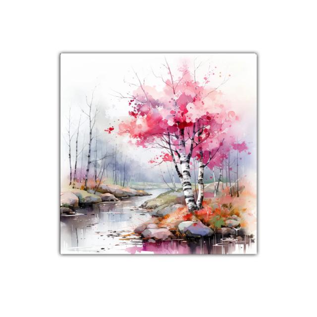 Serenidad de árboles en tonos rosas junto al río