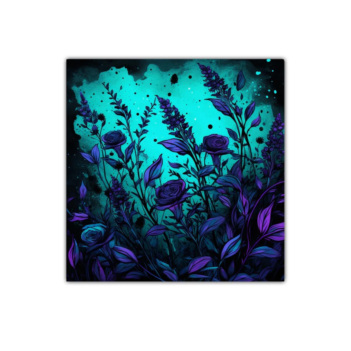 Cuadro decorativo con flores azul y morado en fondo turquesa