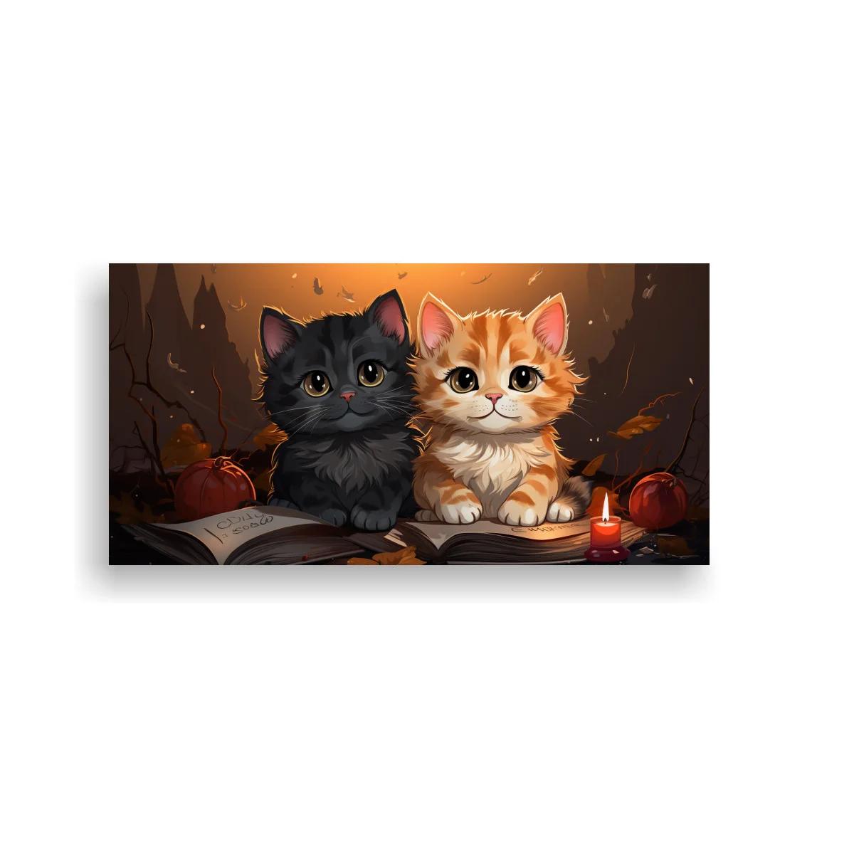 Cuadro dos gatitos con libros y vela en otoño