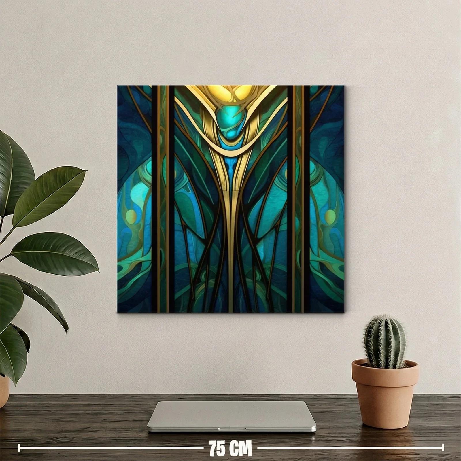 Cuadro abstracto con motivos dorados y turquesas vibrantes — miniatura 2