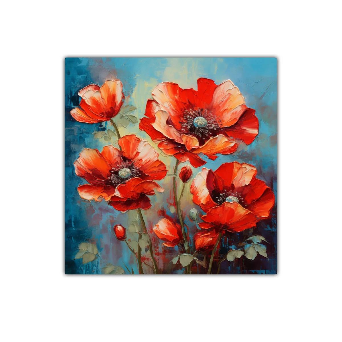 Cuadro decorativo con vibrantes flores rojas sobre fondo azul — imagen principal