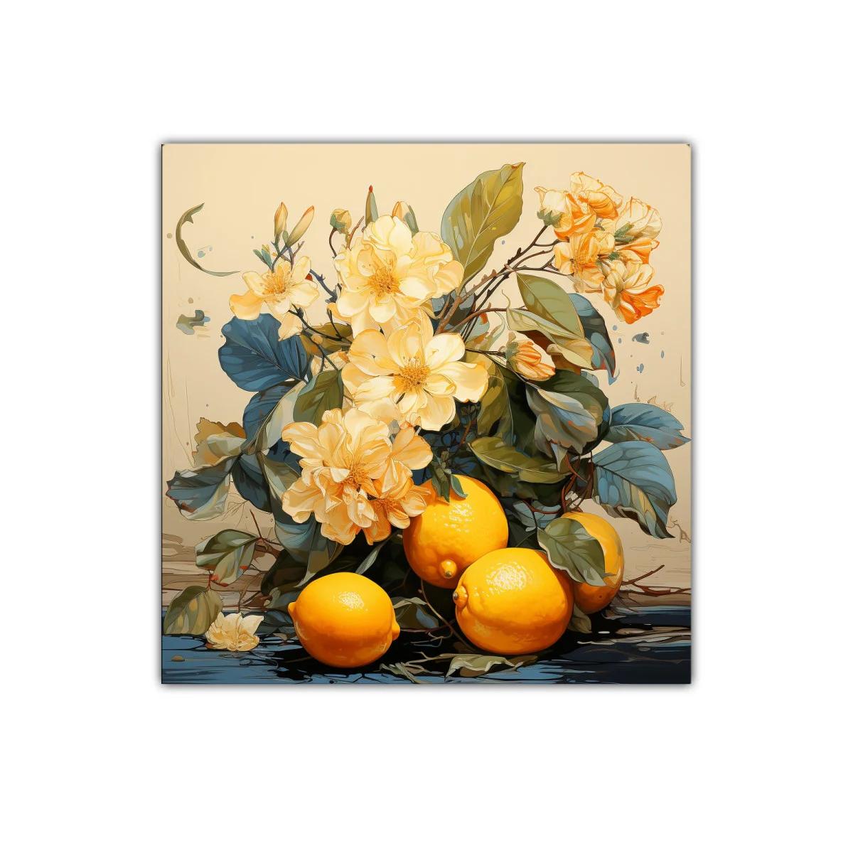 Bodegón con limones y flores en tonos cálidos y naturales