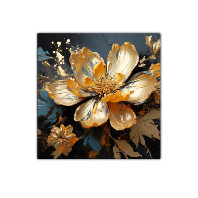 Flor dorada con reflejos metálicos sobre fondo oscuro