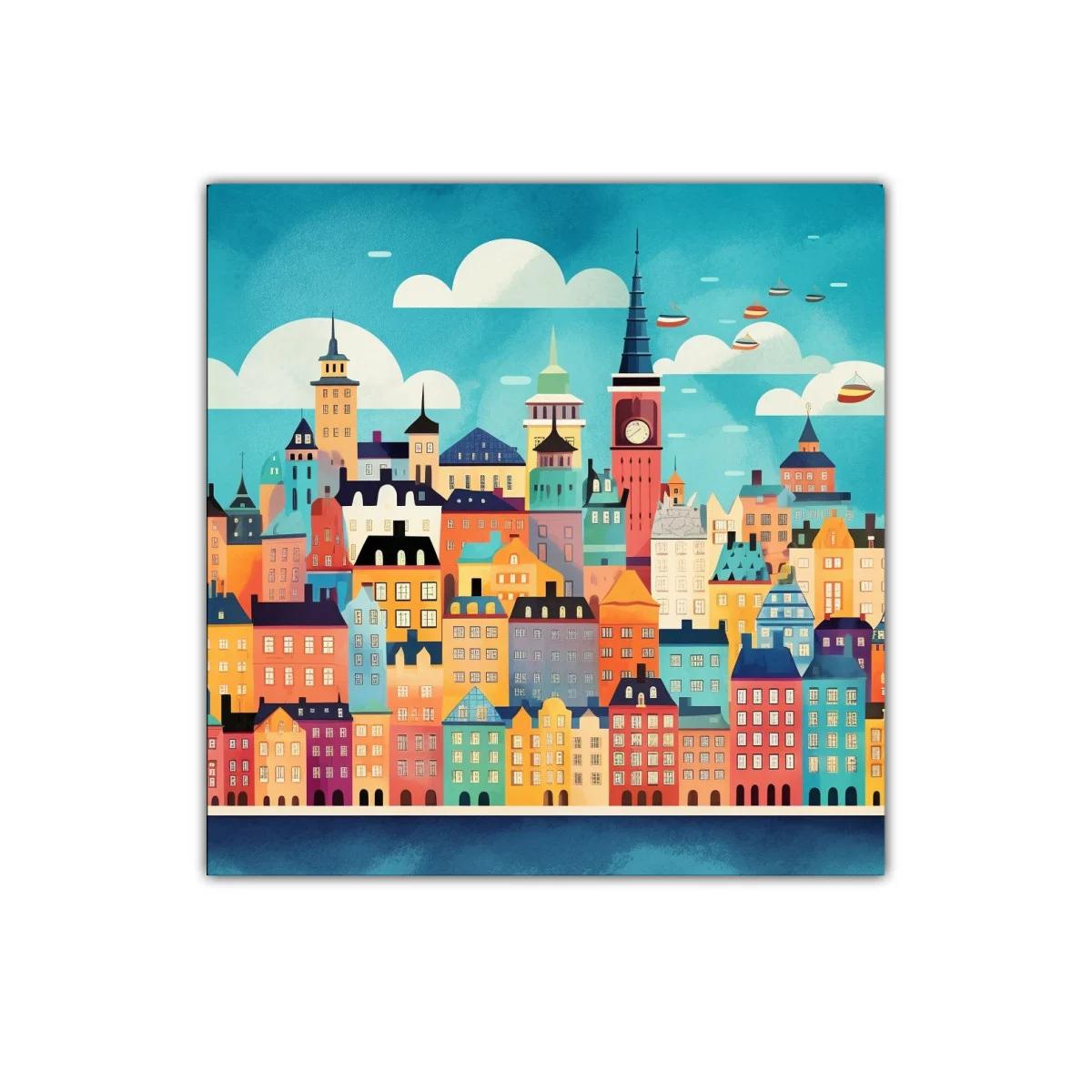 Colorido paisaje urbano con arquitectura evocadora y cielo brillante — imagen principal