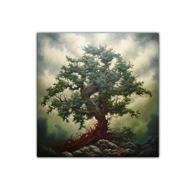 Árbol Imponente con Raíces Escarlata en Paisaje Dramático