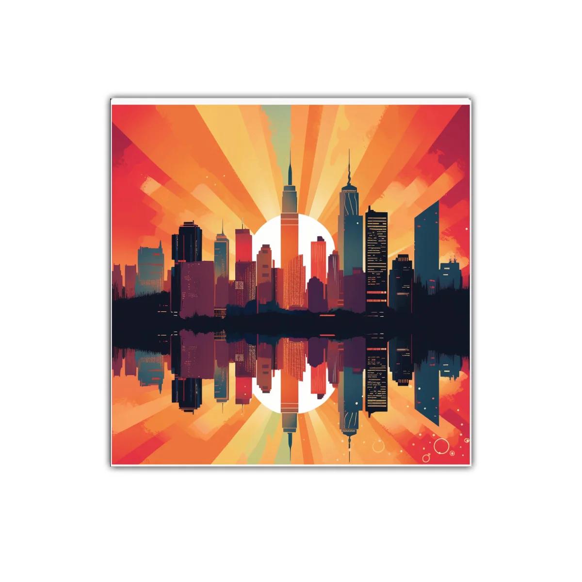 Atardecer urbano con reflejo sobre el agua vibrante