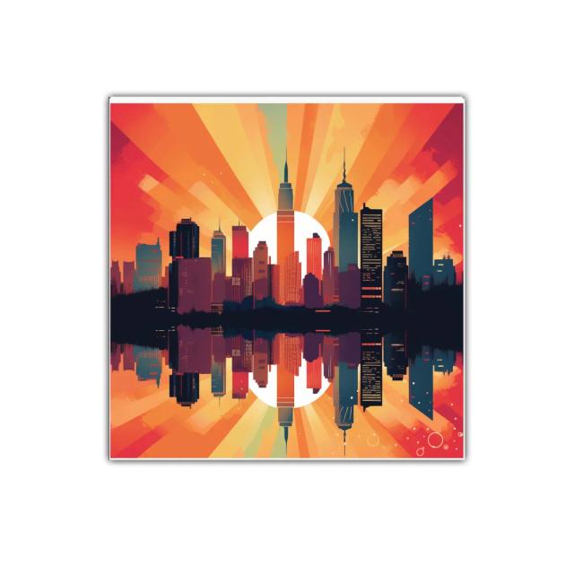 Atardecer urbano con reflejo sobre el agua vibrante