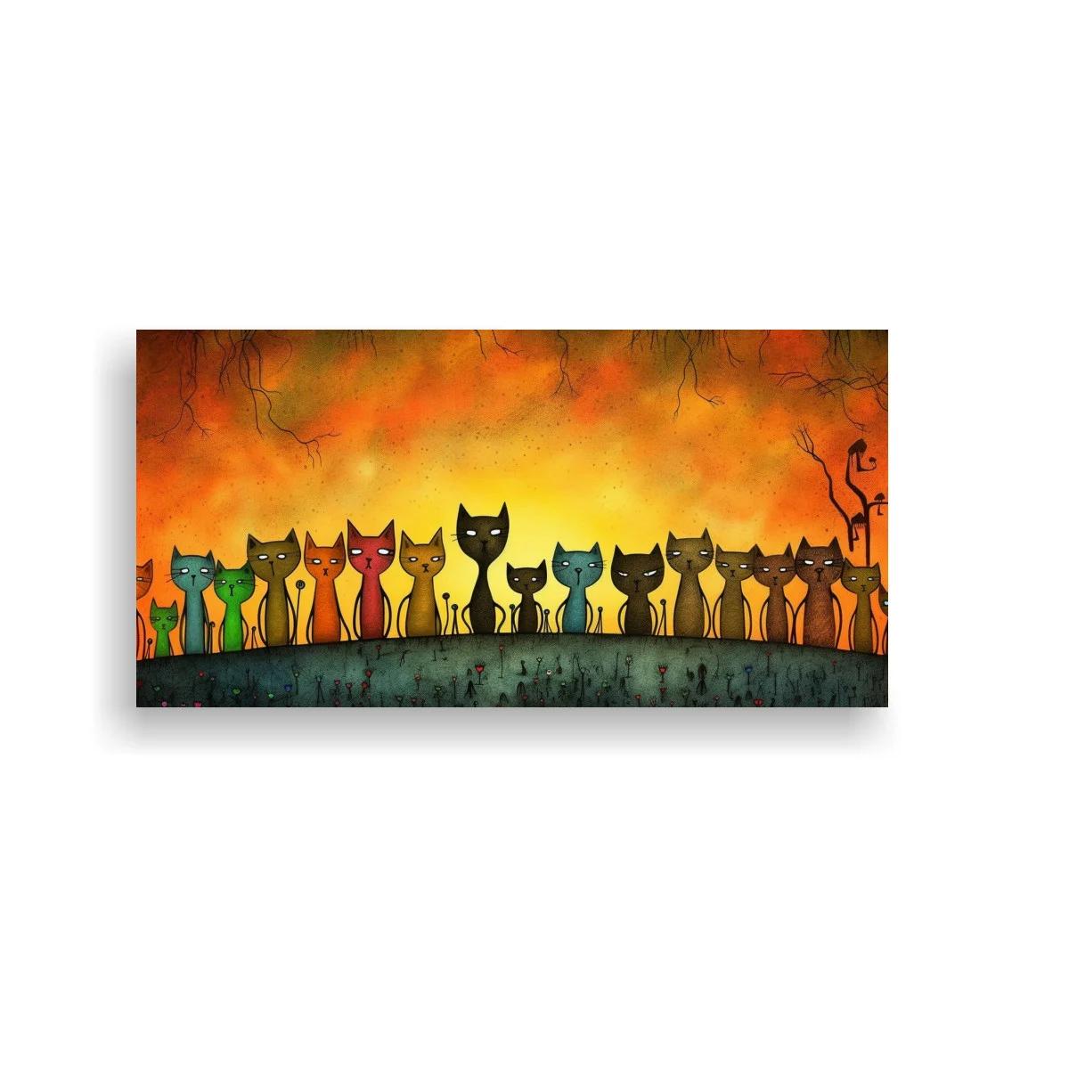 Cuadro fila de gatos de colores sobre loma oscura