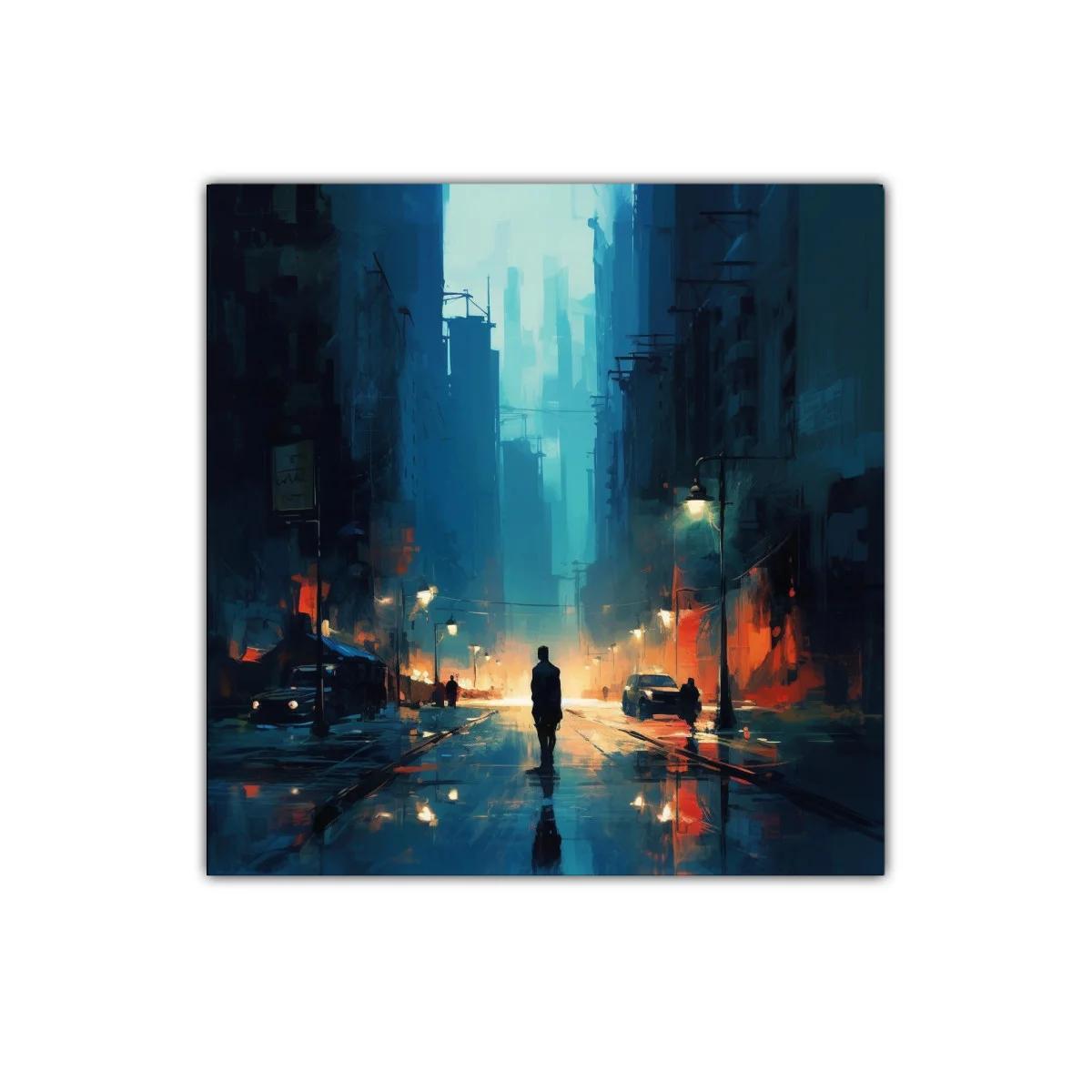 Atardecer urbano con silueta en calle lluviosa y luces cálidas — imagen principal