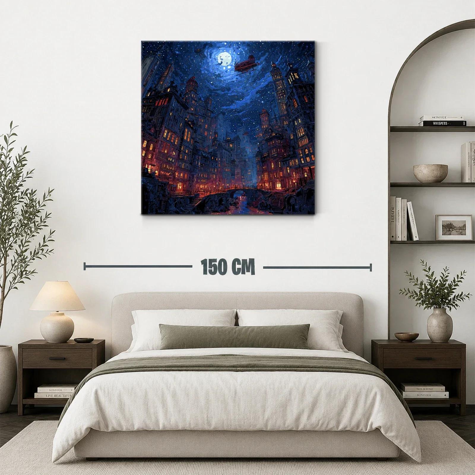 Ciudad nocturna bajo un cielo estrellado y luna llena — miniatura 3