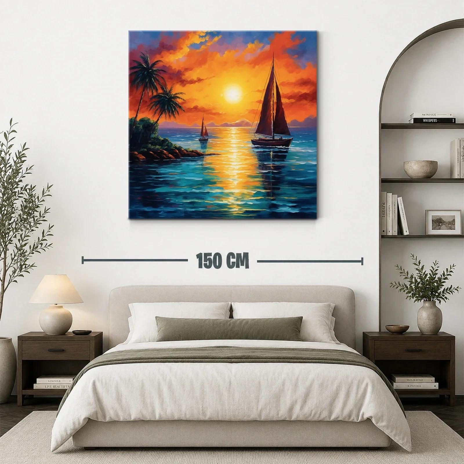Atardecer en la costa con velero y palmeras tropicales — miniatura 3