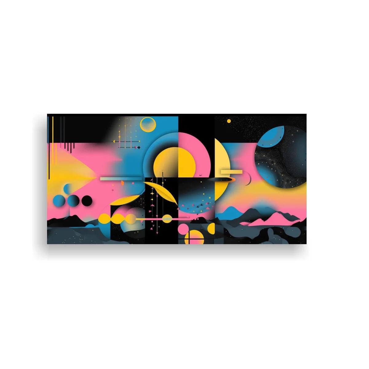 Cuadro paisaje cósmico abstracto con luna creciente y bandas