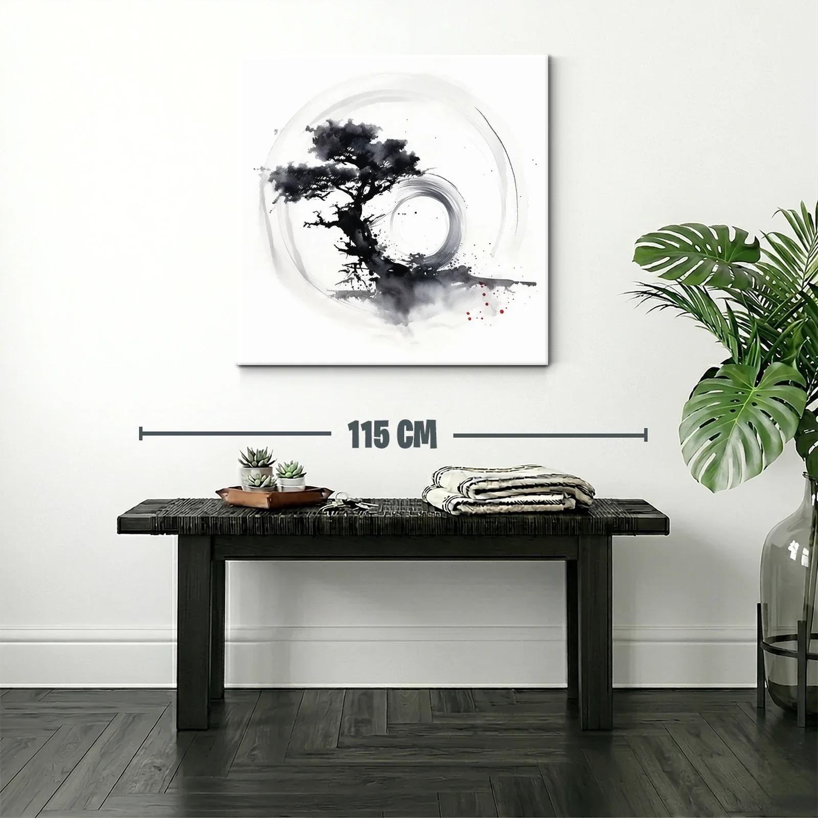 Cuadro árbol zen con círculo en tinta monocroma — miniatura 2