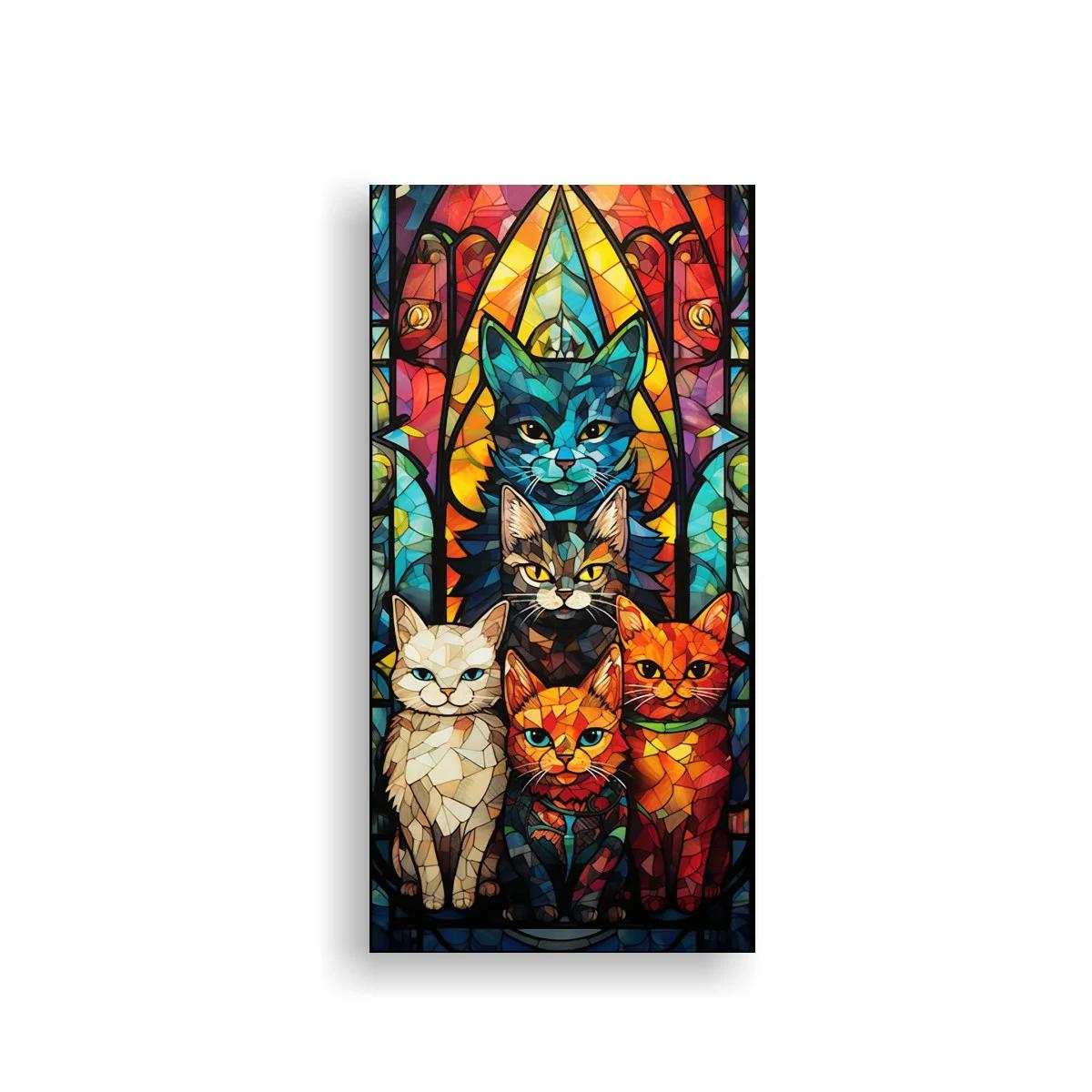 Cuadro grupo de gatos en vidriera geométrica
