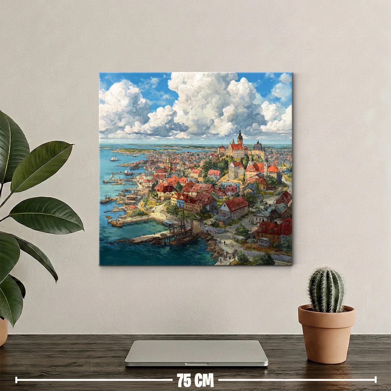 Vista panorámica de pueblo costero bajo cielo dramático — miniatura 2