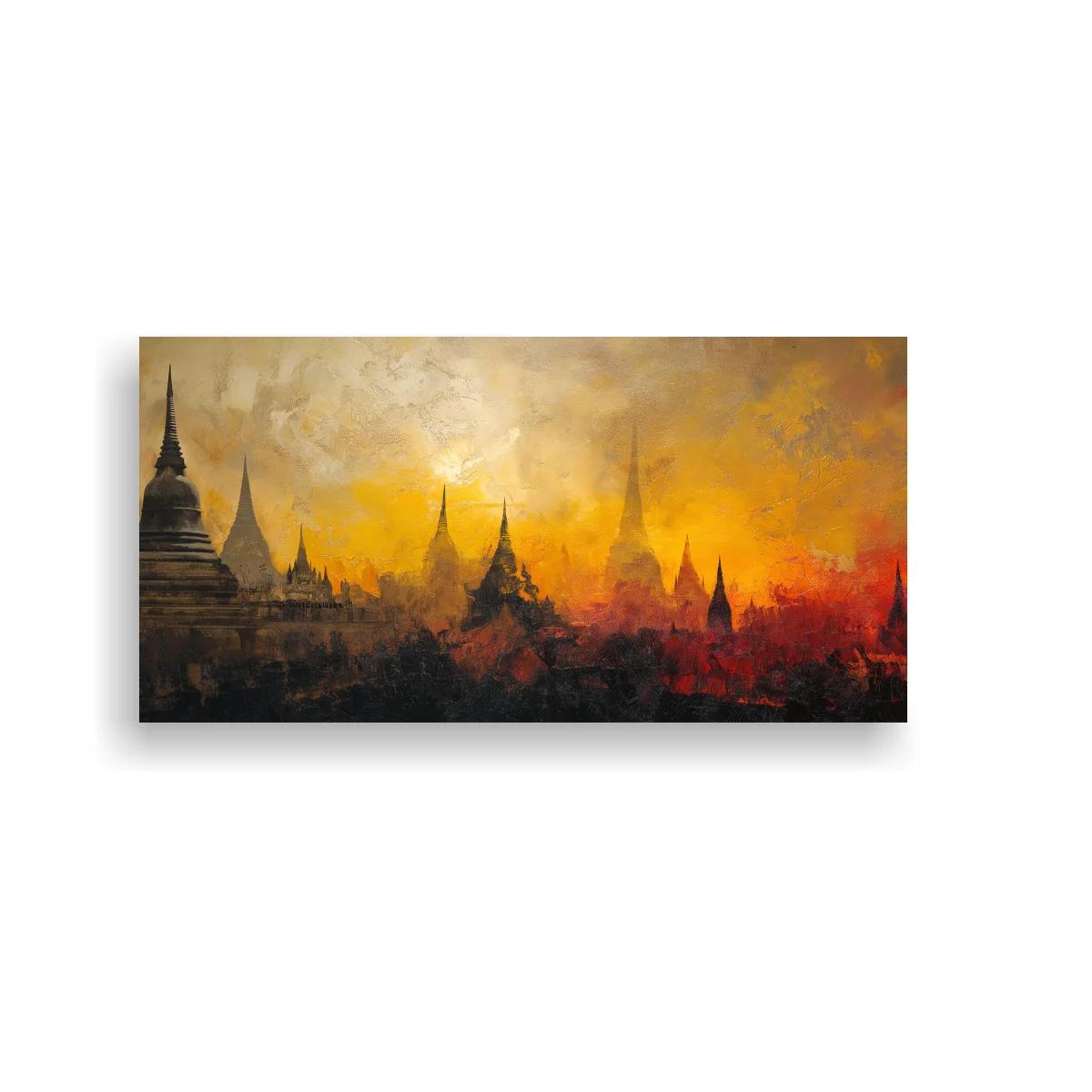 Cuadro templos con pagodas y cielo rojizo