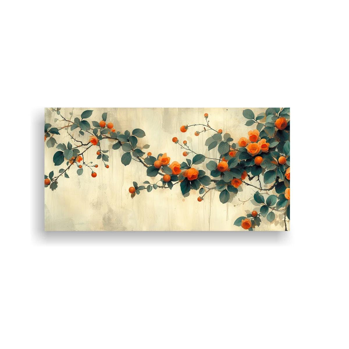 Cuadro ramas con flores naranjas y hojas verde azulado