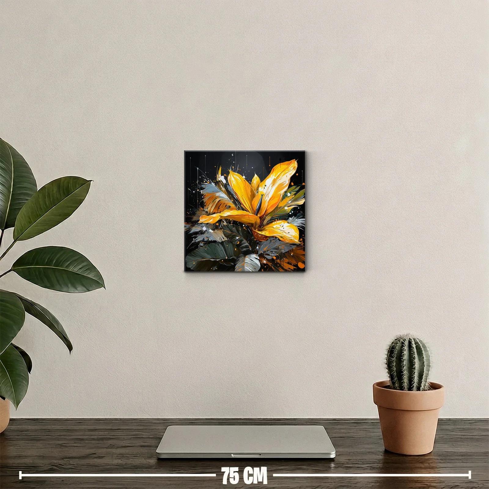 Cuadro vibrante con flor amarilla y hojas en tonos oscuros — miniatura 2