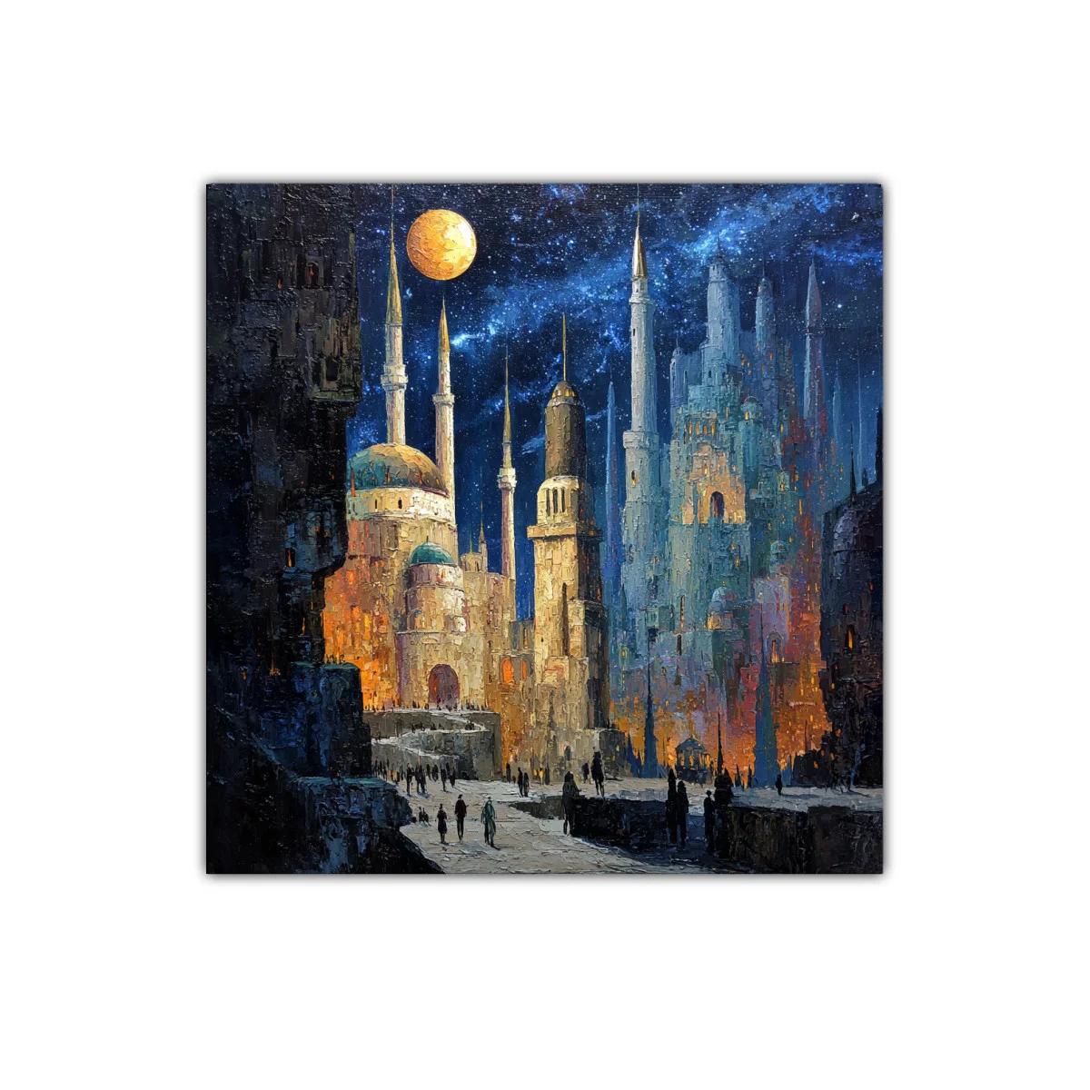 Paisaje urbano nocturno con luna brillante y edificios antiguos — miniatura 1