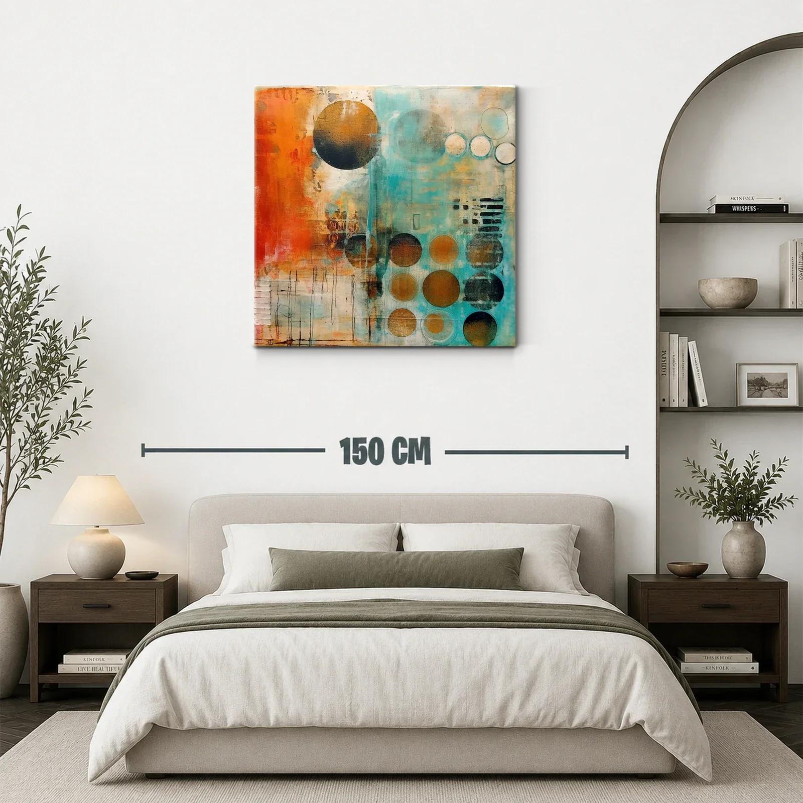 Cuadro abstracto con círculos en tonos cálidos y turquesa — miniatura 3