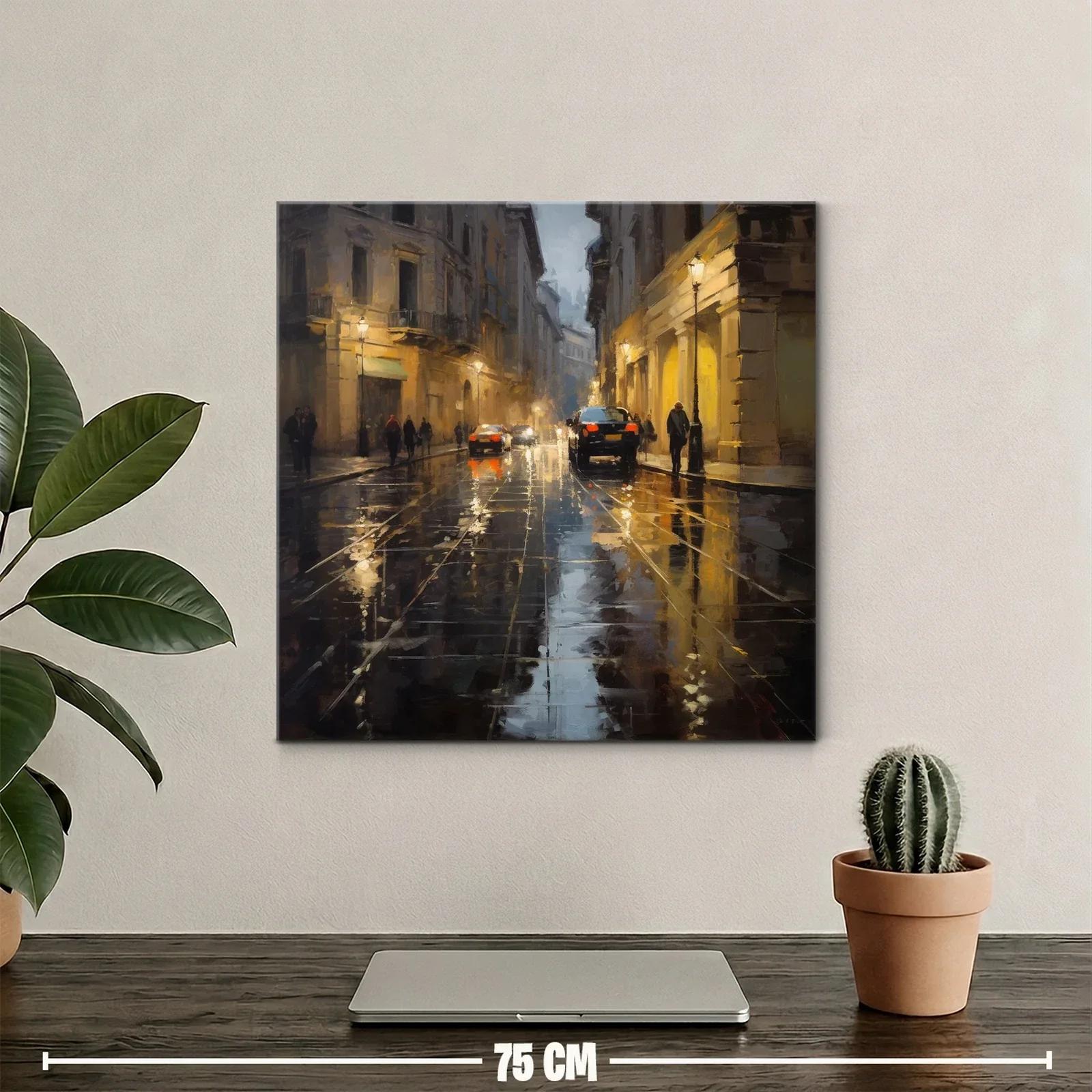 Calle urbana iluminada con reflejos en pavimento mojado — miniatura 2