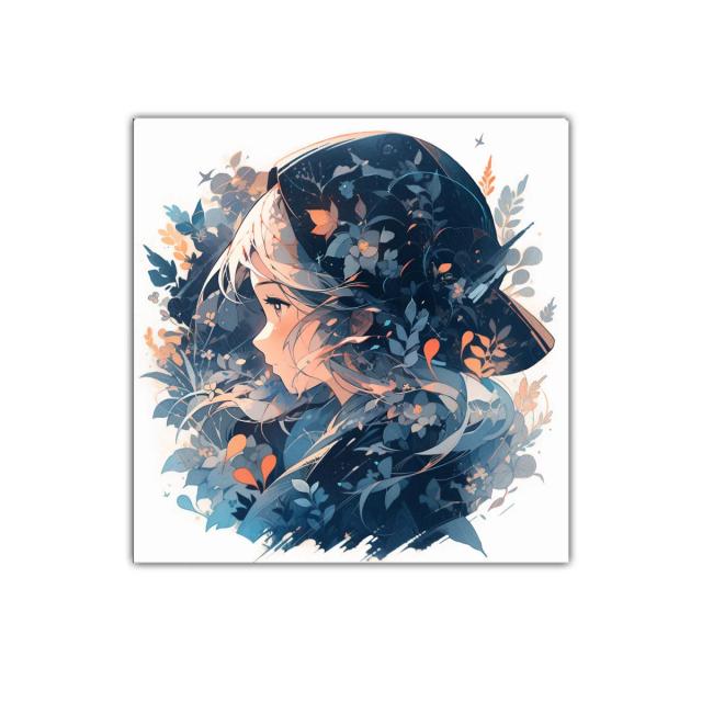 Retrato femenino con motivos florales en tonos azules y naranja