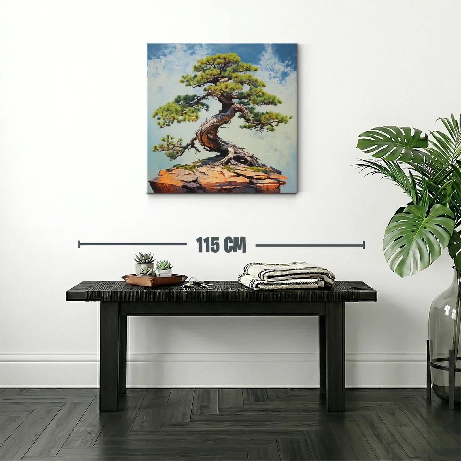 Cuadro con árbol bonsái en roca sobre fondo azul claro — miniatura 2