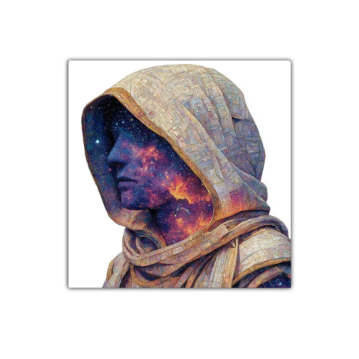 Retrato cósmico de figura con capucha y galaxias interiores — imagen principal