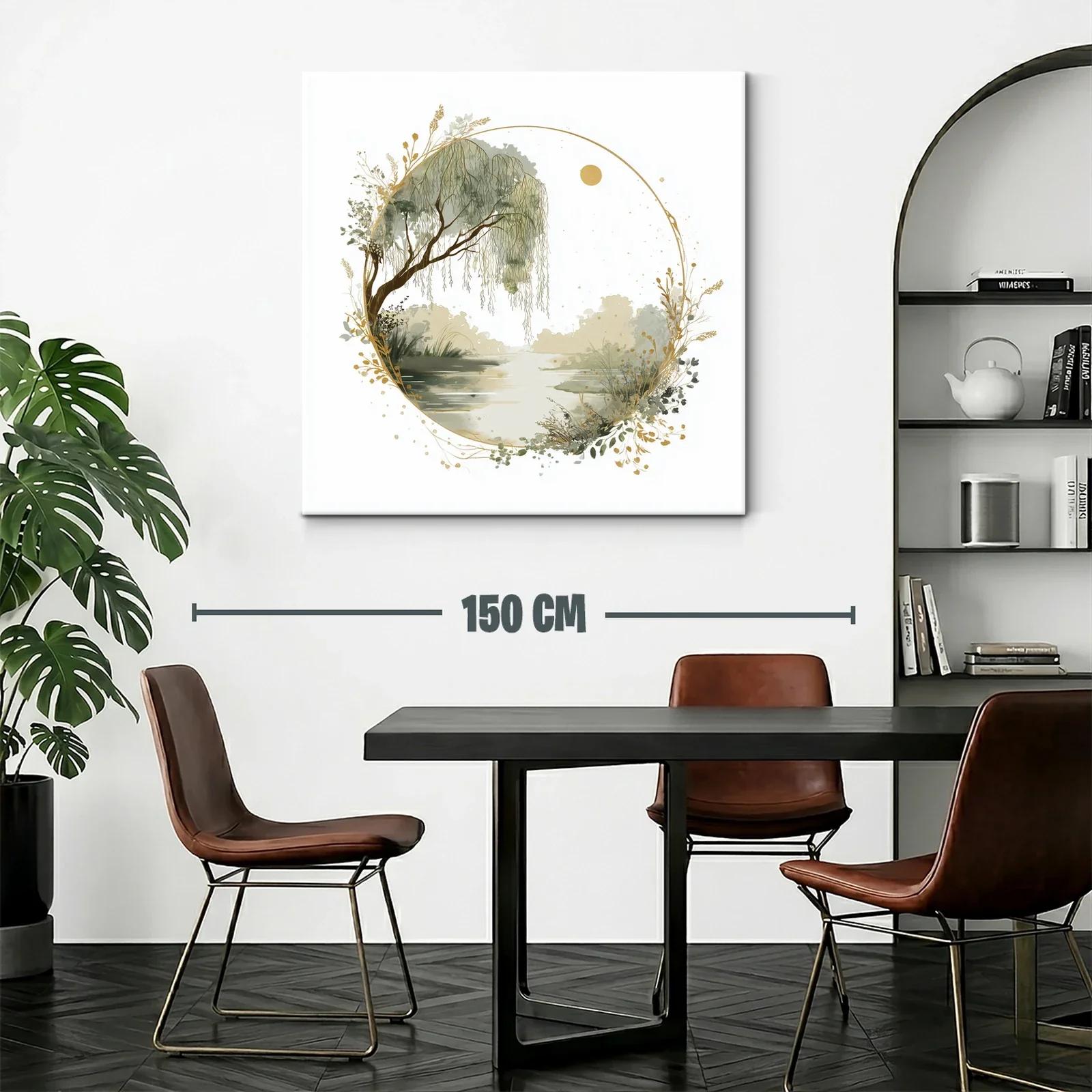 Cuadro paisaje sereno con sauce y detalles dorados — miniatura 2