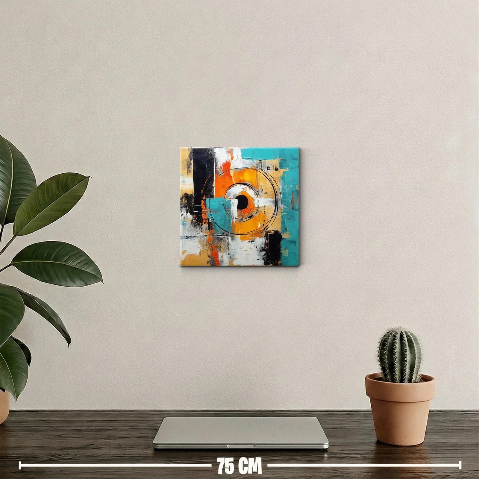 Cuadro abstracto con círculos y tonos vibrantes en azul y naranja — miniatura 2
