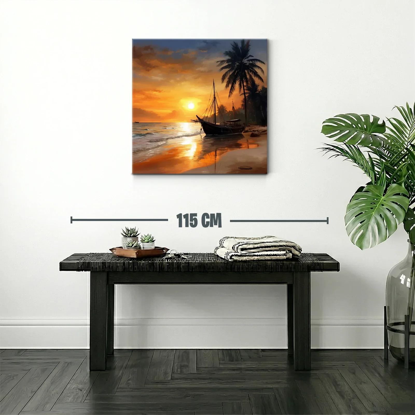 Atardecer en la playa con barco y palmeras — miniatura 2