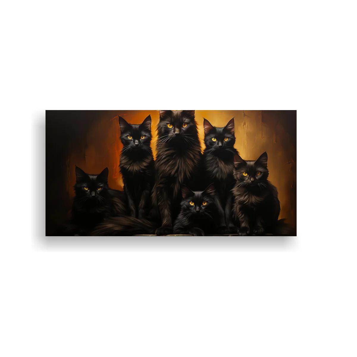 Cuadro grupo de gatos negros de pelo largo con luz cálida