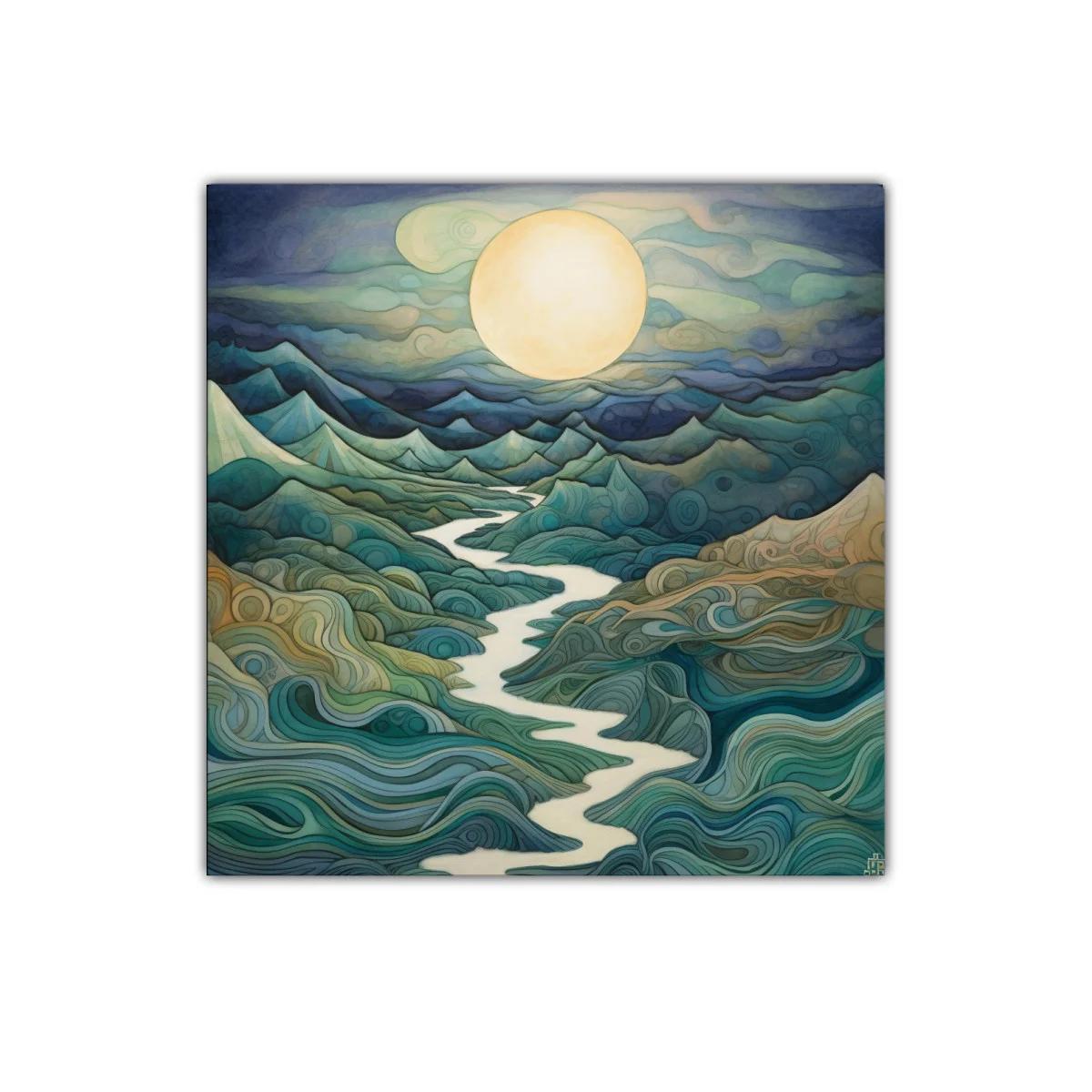 Paisaje onírico con río serpenteante bajo luna llena